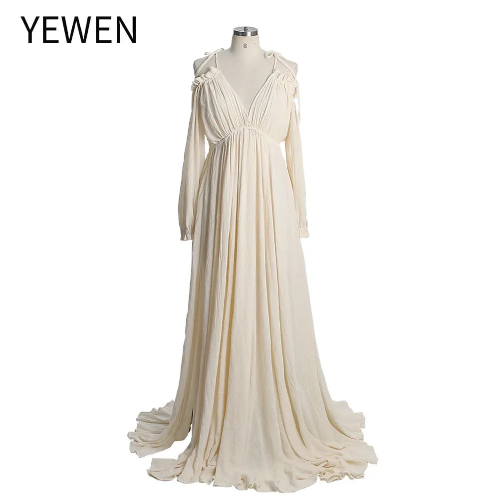 Adjustable Neck Boho Long Sleeve Solid Color Maternity Photo Shoot Dresses with Side Slit Fancy Photography Props YEWEN YW230307