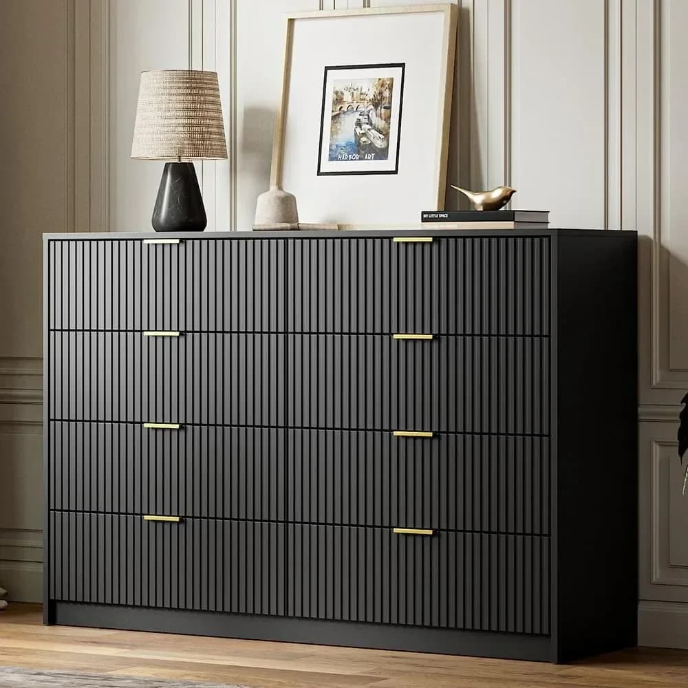 55" Wide Dresser Bedroom, Fluted 8-Drawer Double Dresser with Gold Handles, Modern Tall Chest of Drawers for Bedroom, Dressers