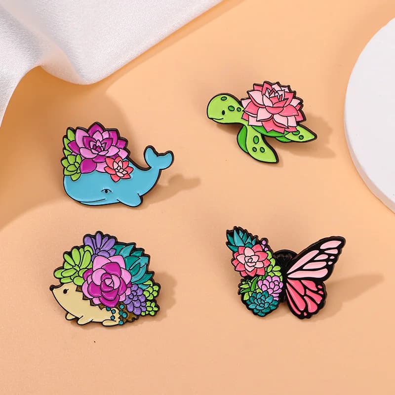Cute Cartoon Succulent Plant Colorful Animal Enamel Brooch Creative Butterfly Turtle Hedgehog Whale Lapel Pin Badge Accessories