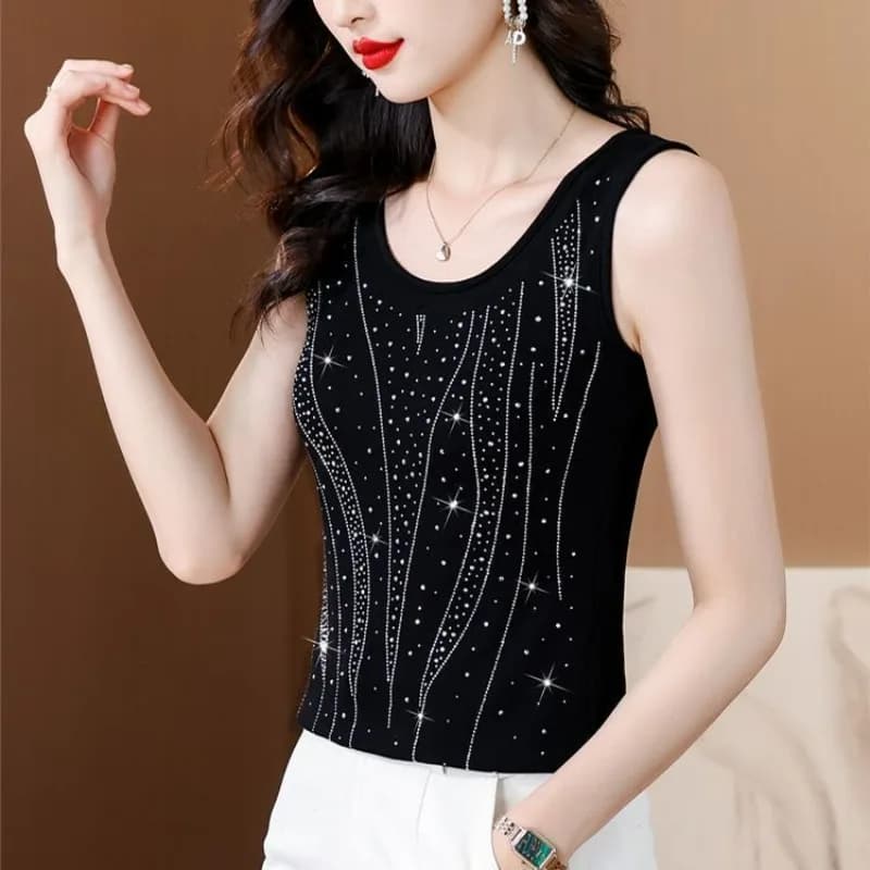 2024 Summer New Inner Wear Sling Sleeveless Suspender Women Slim Fit Chic Solid Color Rhinestones Cropped Tank Top