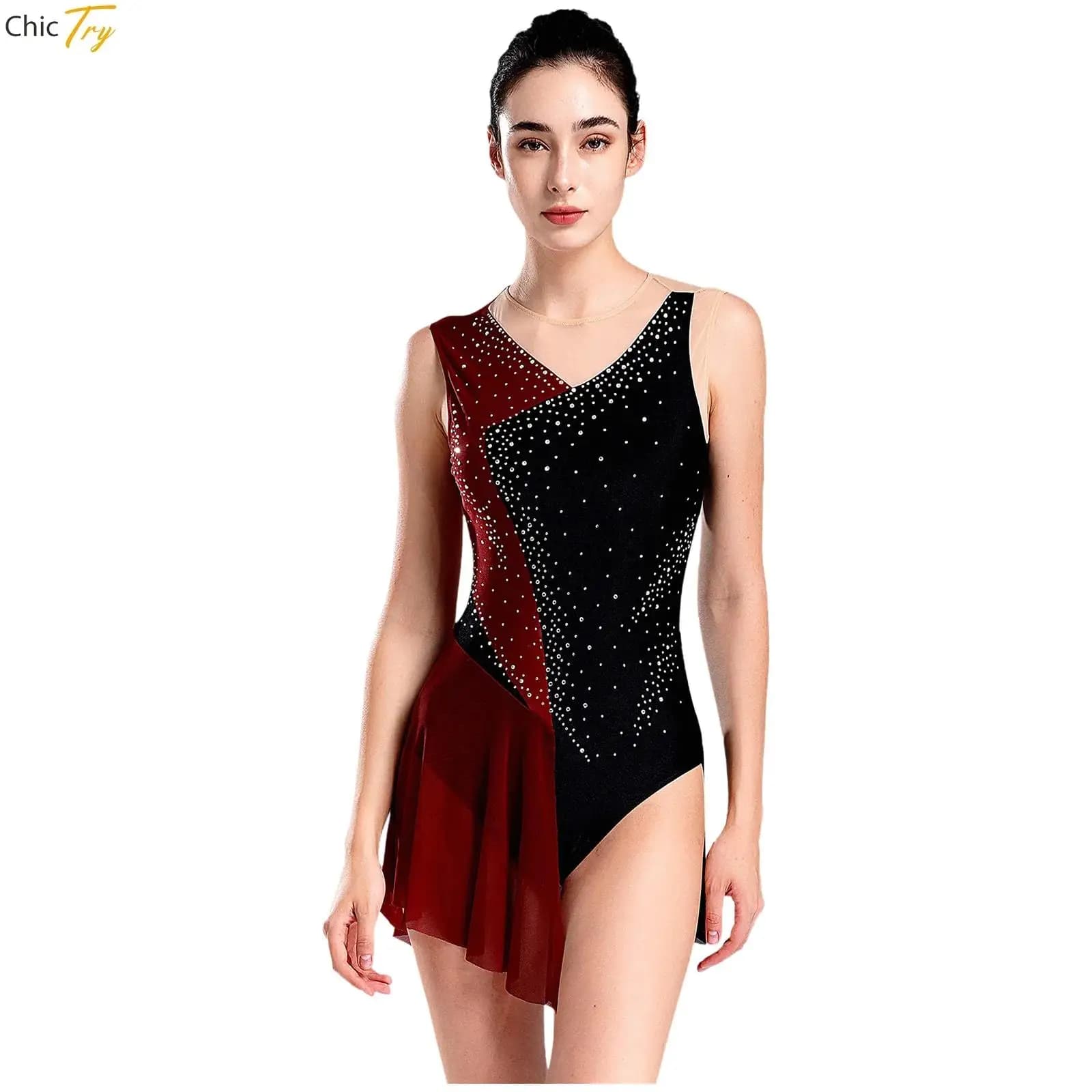 Women Rhinestones Ice Figure Skating Dress Sleeveless Ballet Gymnastics Leotard Tulle Skirts Jersey Acrobatics Ballerina Costume