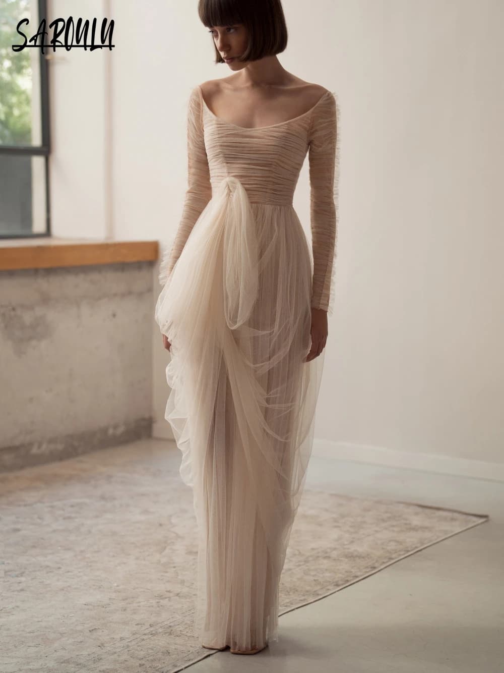 Dreamy Straight Wedding Dress Simple Long Sleeve Bride Robe Elegant Pleated Tulle Bridal Dresses Customized Vestidos De Novia