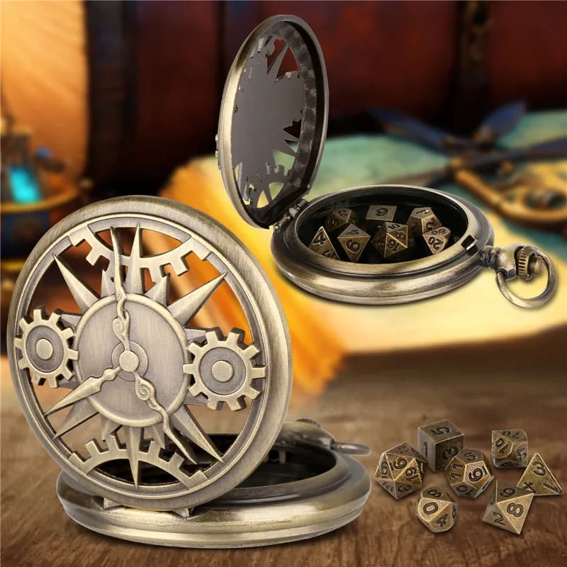 Steampunk 7pcs/set Metal Polyhedral Dices Hollow Out Gear Cover Pocket Watch Case FOB Chain Role Playing Board Games Accessories