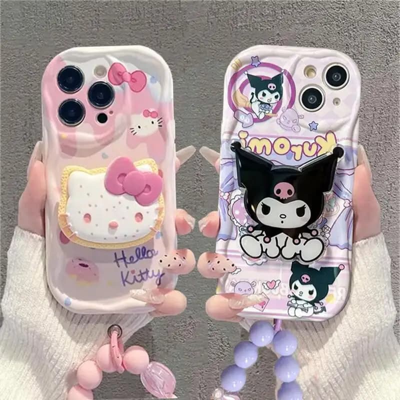 Kuromi Hello Kitty Bracket Bracelet Phone Case For IPhone 16 15 Pro Max 14 11 12 13 Mini XR 8 7 Plus X XS SE Sanrio Cute Cartoon