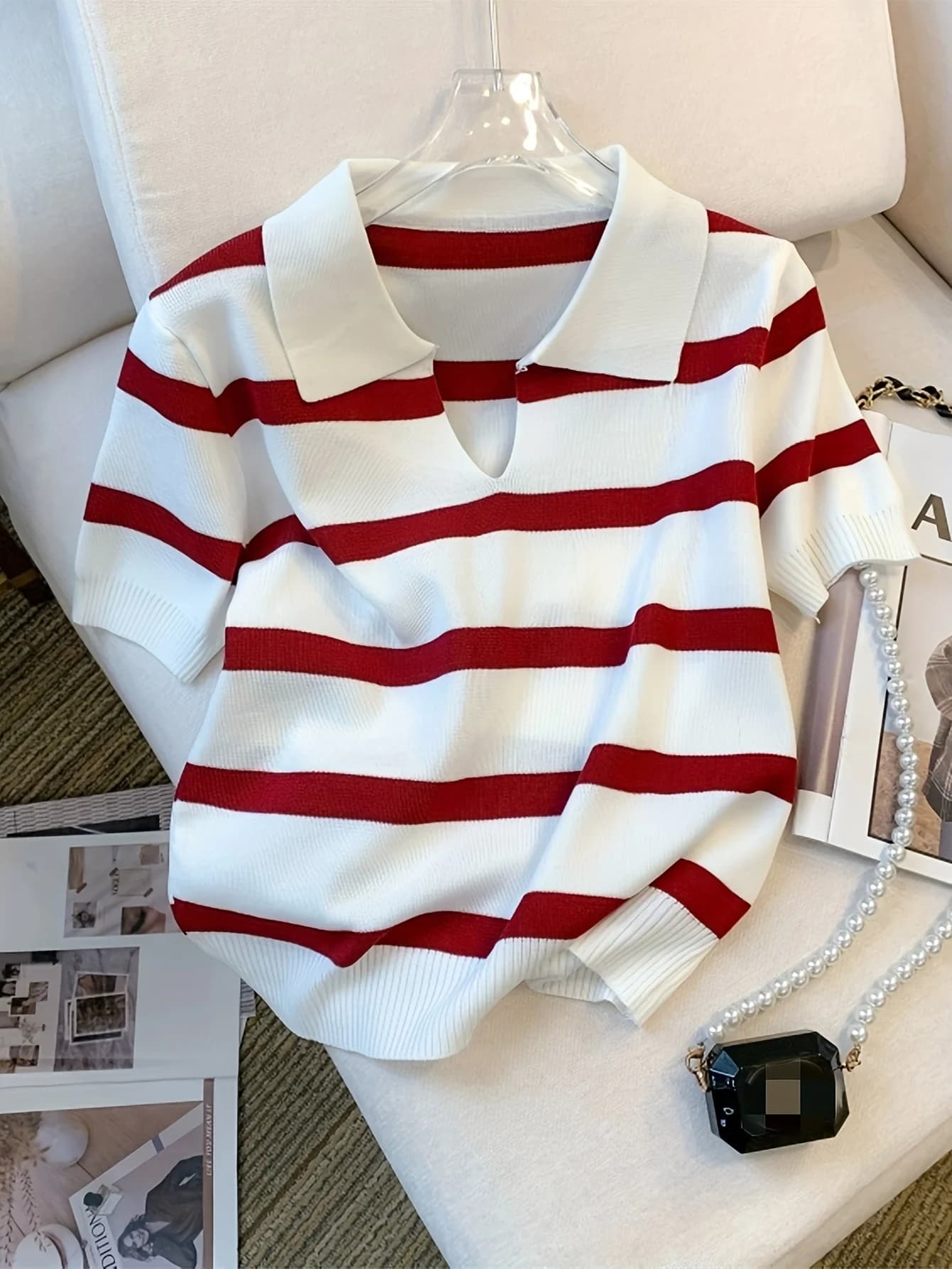 2026 New Striped Pattern Collared Sweater Versatile Short Sleeve Knitted Top For Spring & Summer Women's Clothing Crop Top