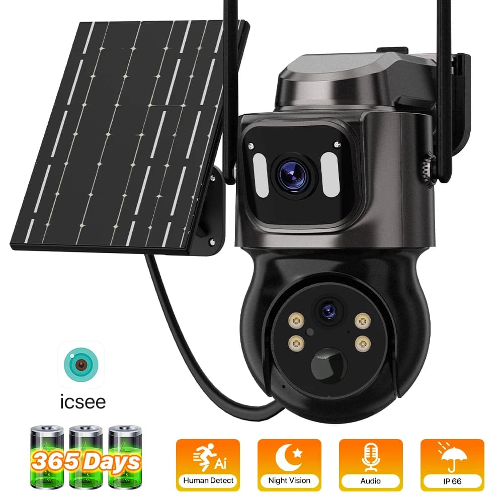 4K HD Solar WiFi Camera Outdoor Built-in Battery Dual Lens 2K Security Camera Solar Panel Wireless Video Surveillance CCTV iCSee