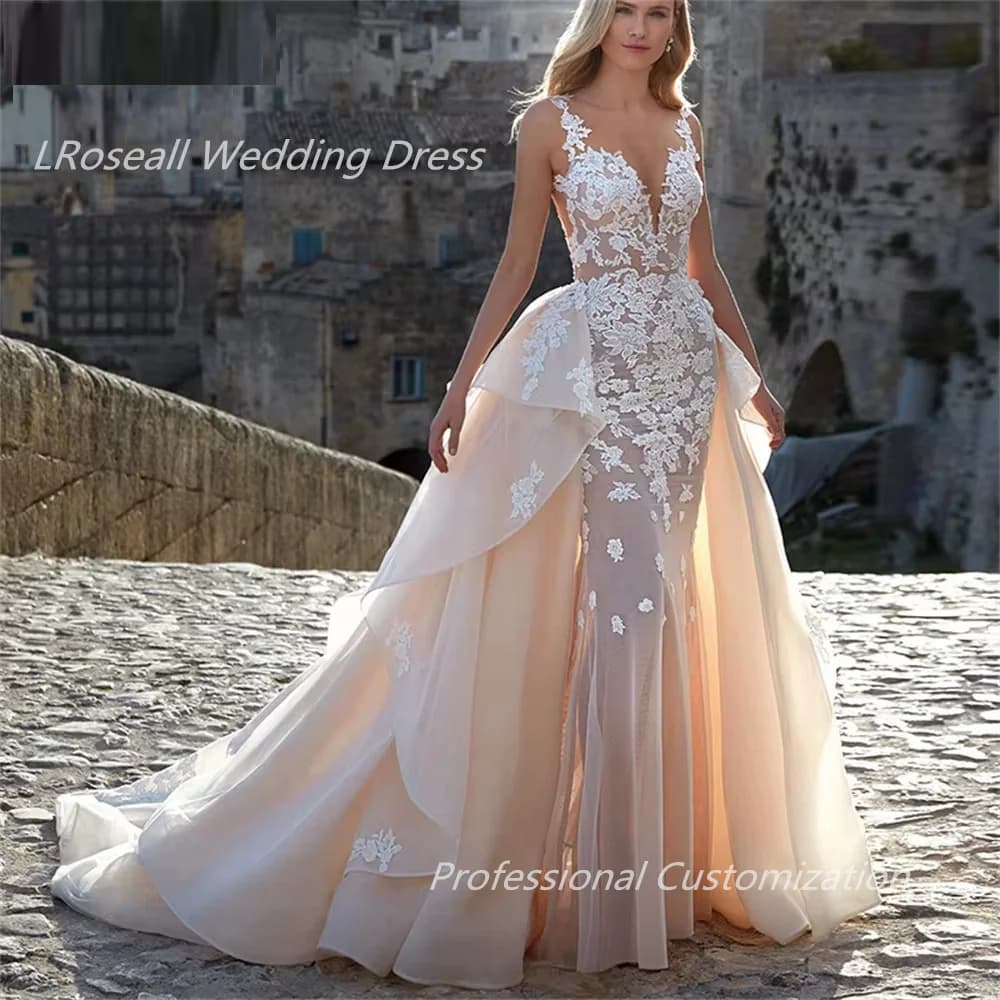 LRosella V-Neck Floor-Length A-line  Long sleeve Wedding Dresses, Tulle Lace Appliques，Exquisite, Elegant, Luxury, فساتي2024