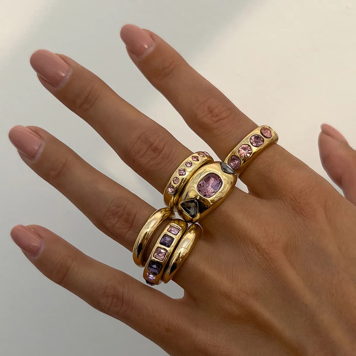 Salircon 6Pcs/set Inlaid Purple zircon Adjustable Opening Ring Set Women Smooth Gold Color Ring for Female Daily Jewelry Gift