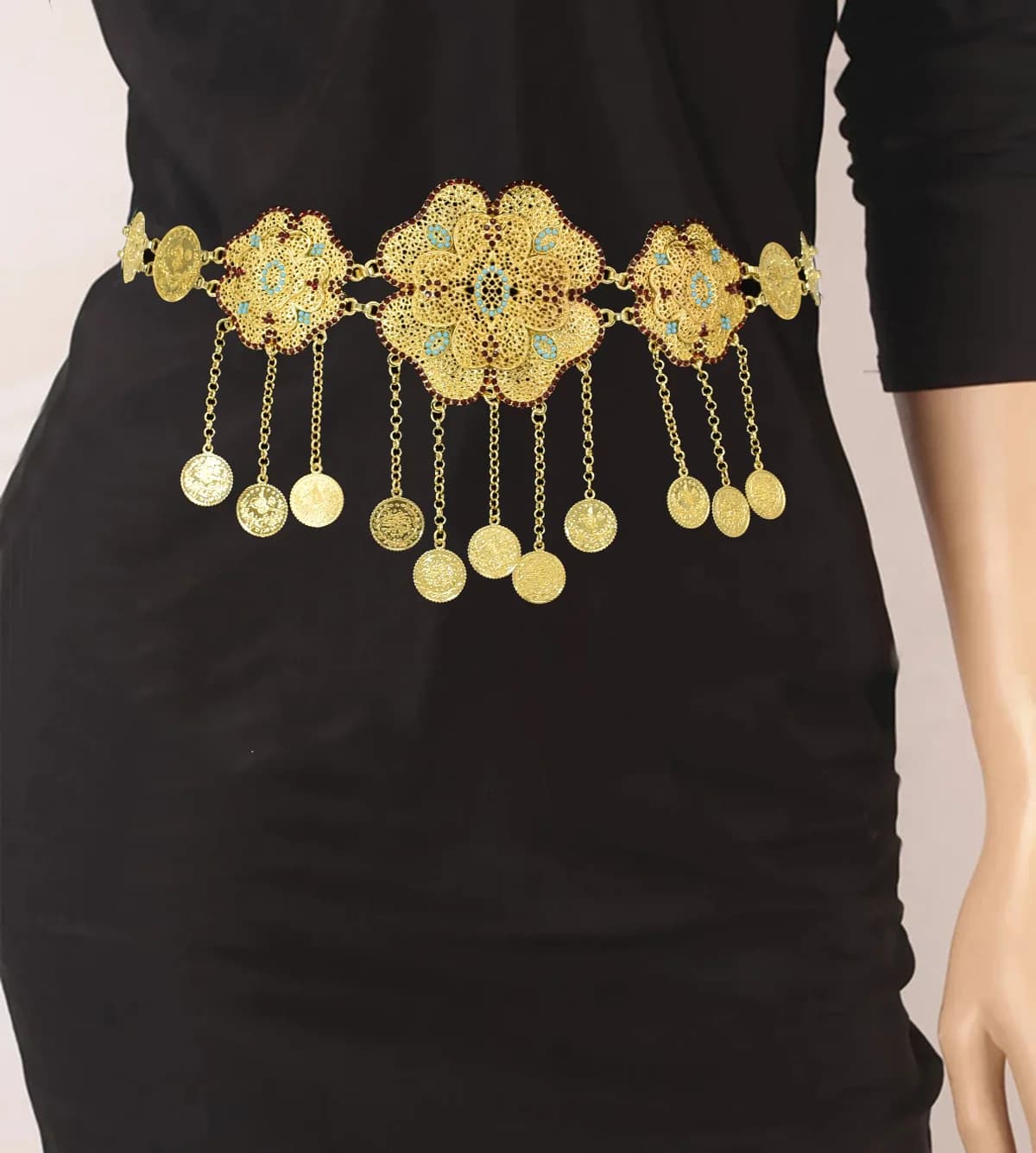 Hollow Out Flower Coins Chain Pendant Belt for Women Rhinestone Waist Chains Jewelry India Gypsy Dance Dress Accessories Gift