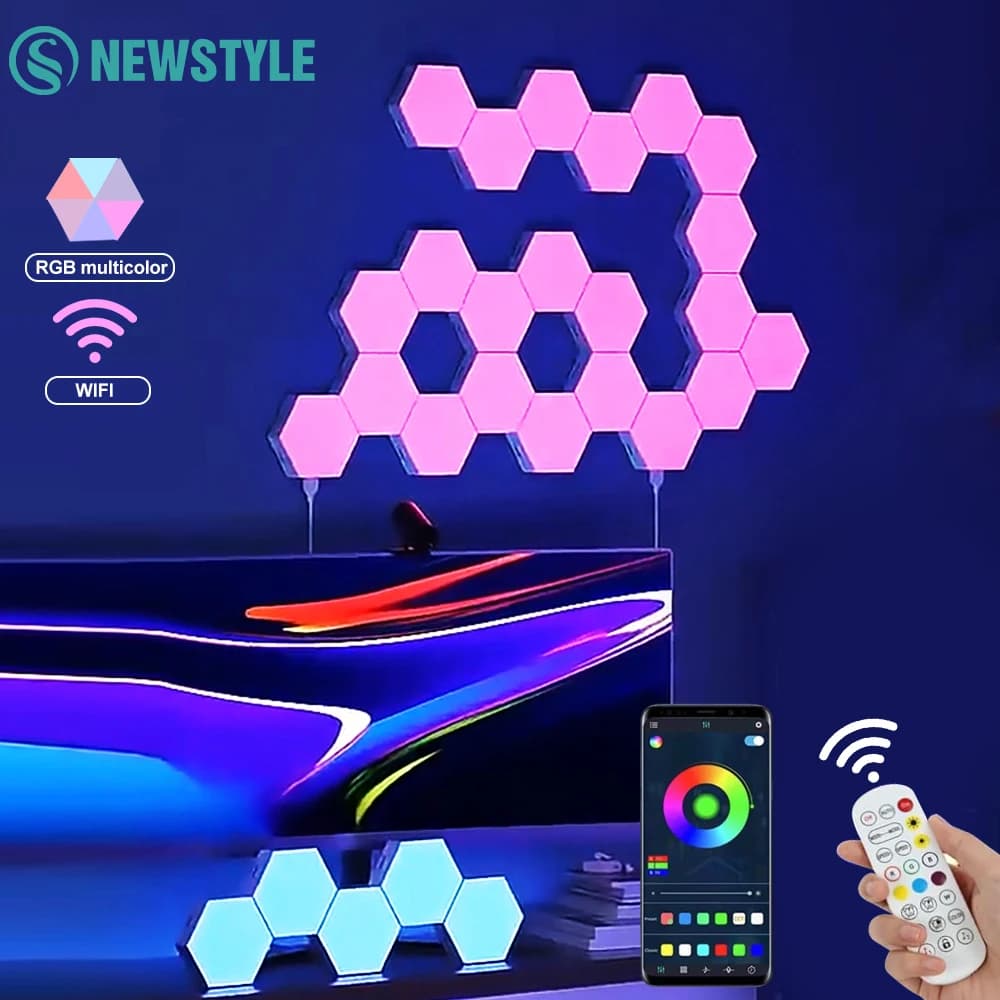 Hexagonal Quantum Lights Wall Lamp RGB Panel Smart APP Night Light Music Sync Gaming Light  DIY Game Room Bedroom Decor ﻿