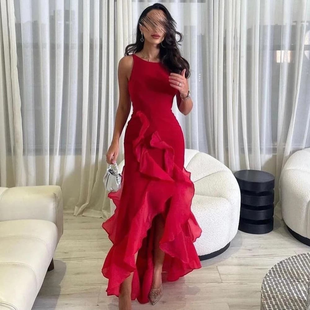 CustomizedCustomized Elegant Red Ruffles Jersey Evening Dress Ladies Scoop Sleeveless High Low Special Occasion Gowns Sexy Open