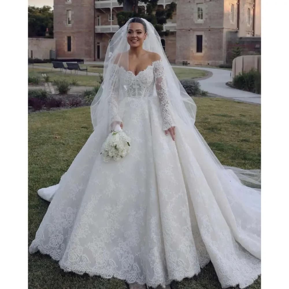 Dress Wedding Ball Boho Gown For Bride Off Shoulder Fulllace Wedding Dresses Long Sleeves Ruffle Robe De Mariage Lacefull  2024