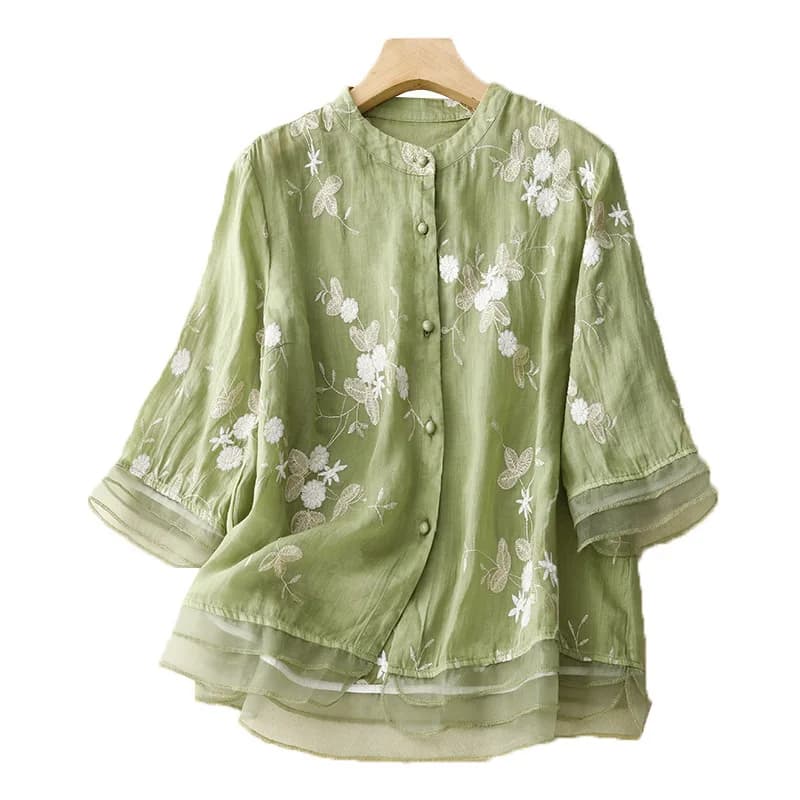 Elegant Embroidery Women's Blouses Summer 2025 Autumn New Loose Tops O-neck Ladies Clothing Chinese Style Women Mesh Shirts