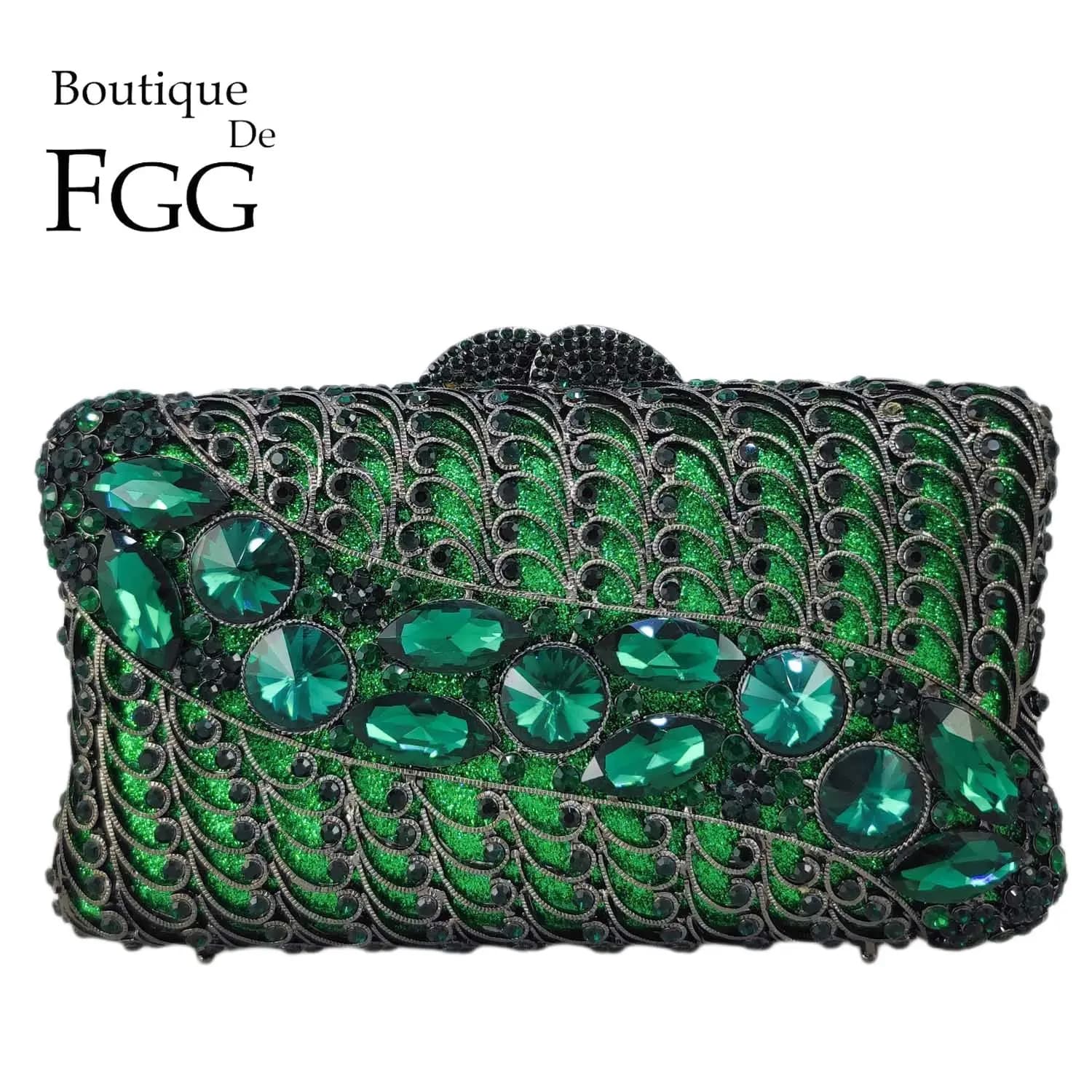Boutique De FGG Big Gems Women Green Evening Bags and Clutches Party Dinner Rhinestone Handbags Bridal Wedding Clutch Purses