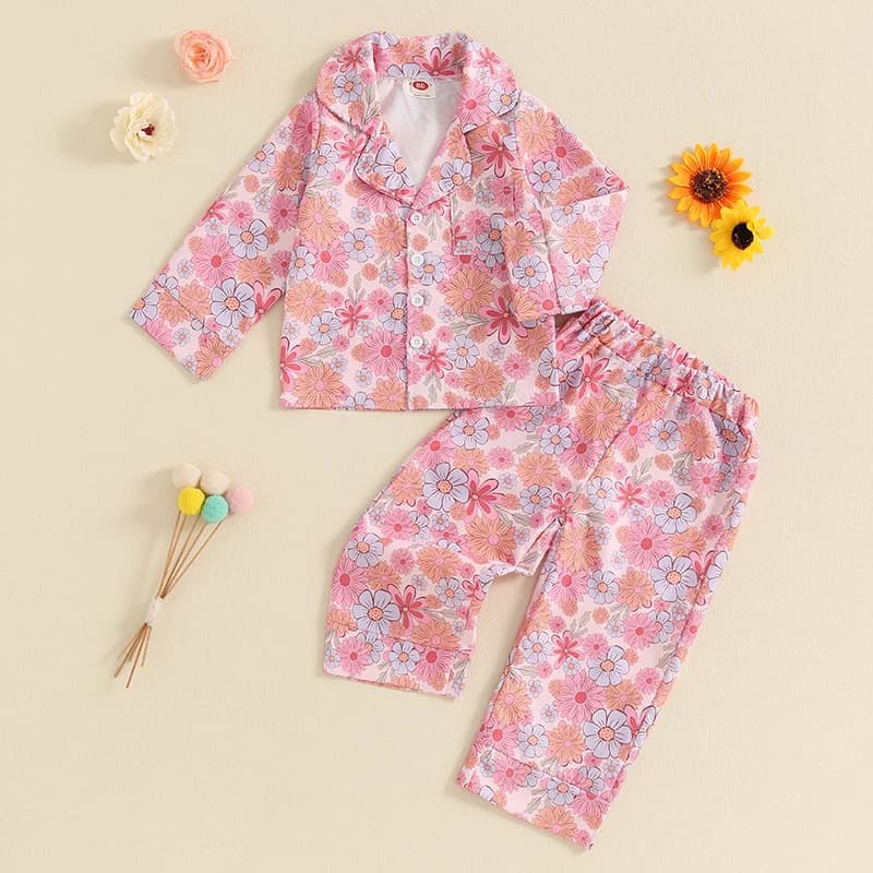 Kids Girls Autumn 2 Pieces Pajamas Sets Floral Print Button up Long Sleeves Tops and Elastic Pants Satin Loungewear Sleepwear