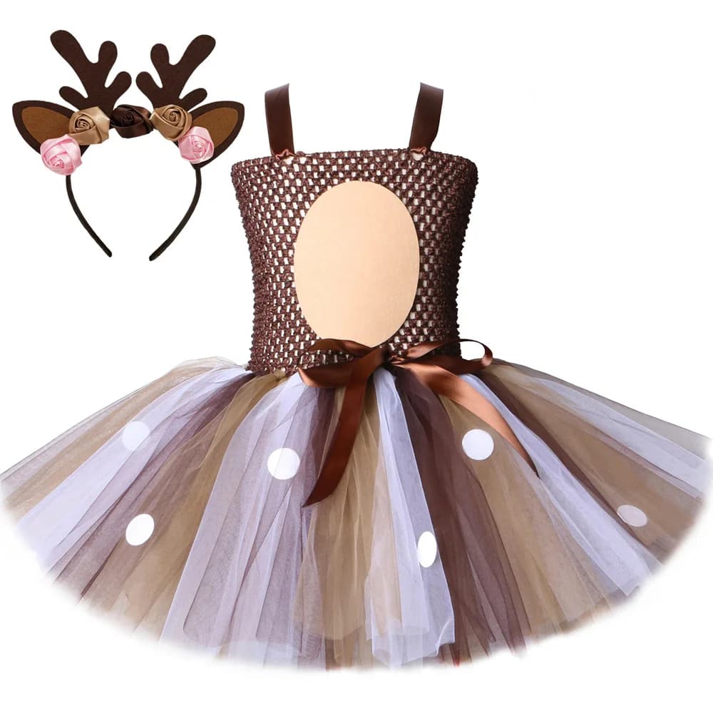 Christmas Elk Girl Dress Cartoon Deer Children's Mesh Tutu Dress Free Headgear