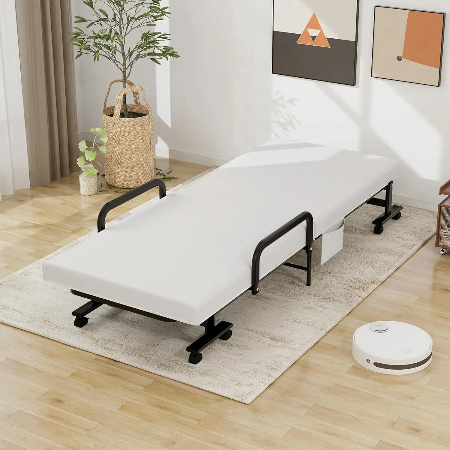 Folding Rollaway Bed with Mattress for Adults, Portable Guest Bed with 6 Positions Adjustable Backrest