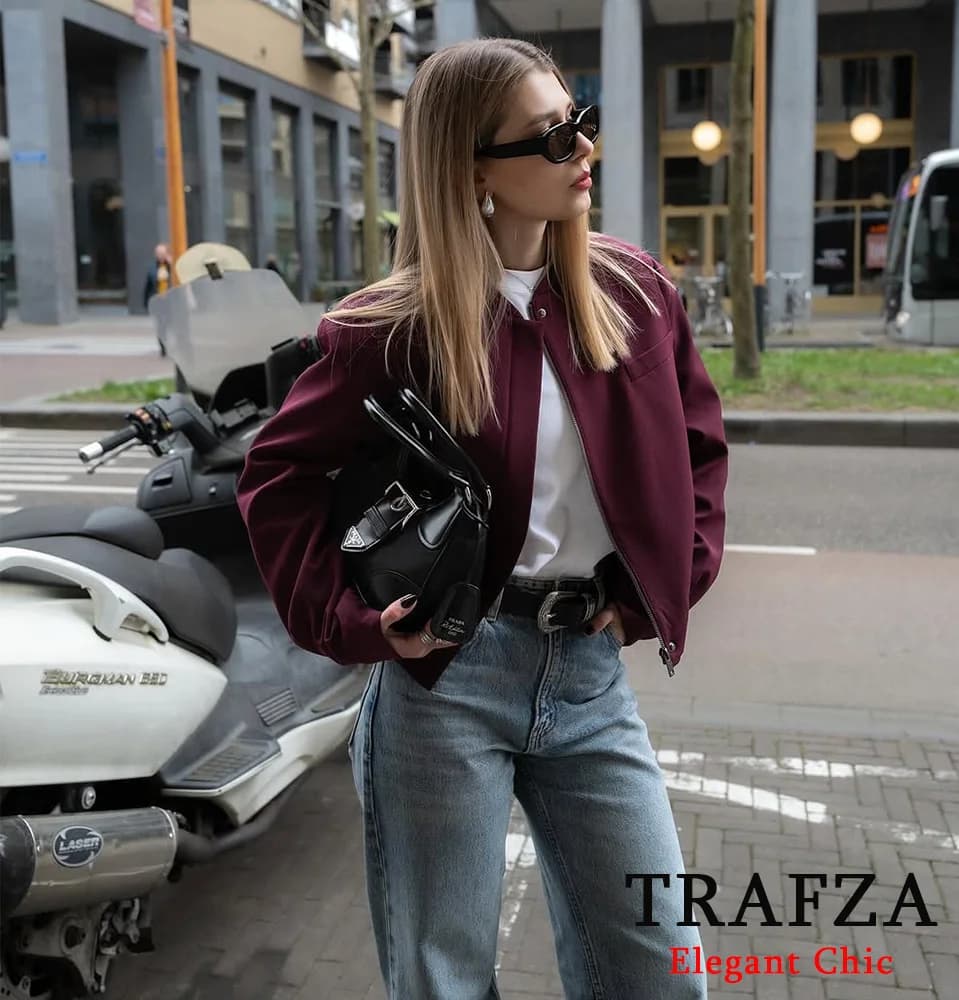 TRAFZA-Women Vintage Loose Zipper Jacket Lapel Burgundy Color Jacket New 2025 Spring Autumn Fall Fashion Casual Commuter Jacket