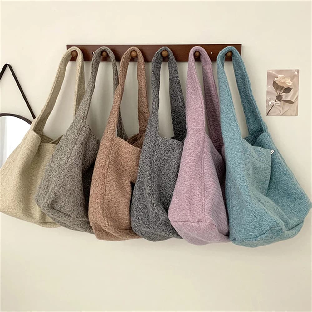 Women Winter Tweed Shoulder Bag Large Capacity Fleece Shopper Shopping Bag Mixed Color Knitted Tote Bag Commuter Casual Handbag