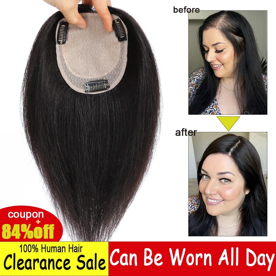 Natural Human Hair Topper with Bangs for Women, Black, Brown, Straight, Original Human Hair Clips, Silk Base Toppers