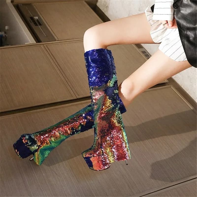 Bling Bling Sequins Metal Heels Foldover Knee Boots Women Pointed Toe Glitter Paillette Boots Stage Long Boots Feminina