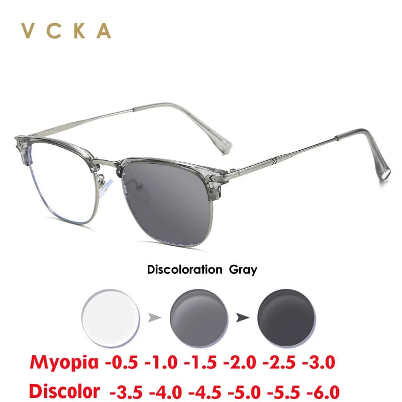 VCKA Anti Blue Ray Photochromic Myopia Glasses Prescription -0.5 TO -10 Business Men Women Chameleon Gray or Brown Eyewear
