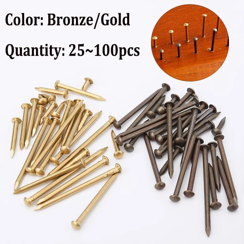 100pcs~25pcs Antique Brass Bronze Golden Diameter 1.2mm~3mm Pure Copper Small Mini Round Head Furniture Nail Tack Length=8~55mm