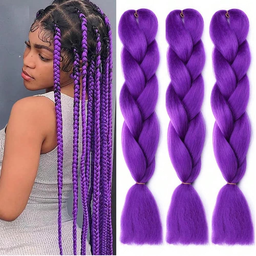 24Inch Braiding Hair Pre-stretched Purple Hair Extensions for Crochet Braids Synthetic Hair DIY Pink Purple Jumbo Ponytail Braid