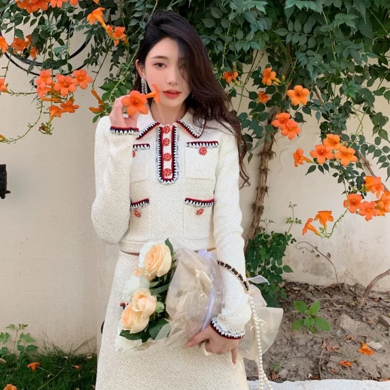 JAMERARY Tweed Two Piece Sets For Women Autumn Winter Woolen Outerwears Crystal Diamonds Jackets Coats + Short Skirts Suits