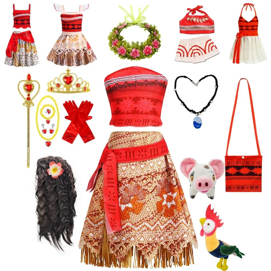 Moana Dress Kids Girls Children Cosplay Princess Birthday Carnival Party Costume with Necklace Flower Set Summer