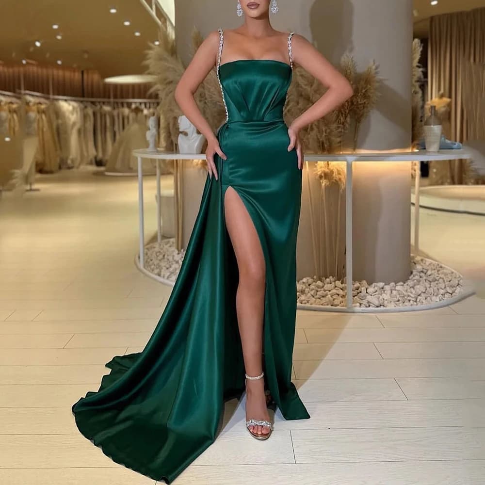 Green Sexy High Side Split Evening Dress Spaghetti Straps Sleeveless Women Banquet Customized Floor Length Gowns for Guest
