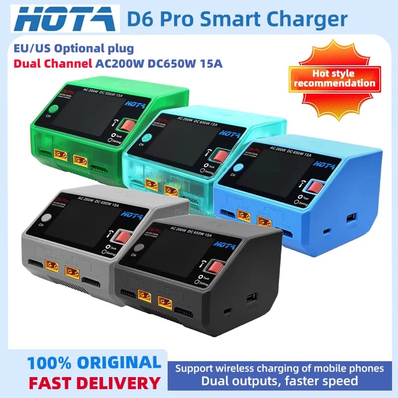 HOTA D6 Pro AC 200W DC 650W 15A 2X325W 2X15 ACharger With Wireless Charging for NiZn/Nicd/NiMH Battery RC Drone Spares
