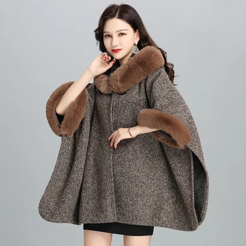 Imitation Fur Collar Winter Women's Hooded Cardigan Shawl Coat Poncho Fashionable Upscale Capes Gray Cloaks