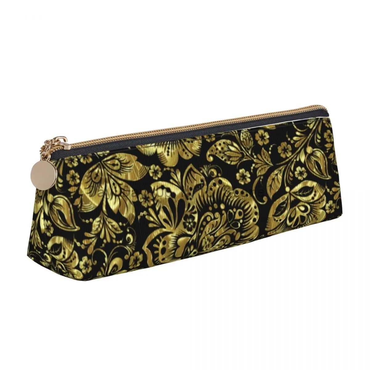 Gold Baroque Floral Triangle Pencil Case Vintage Flower Print Fashion Zipper Pencil Box Teenager University Leather Pen Bag