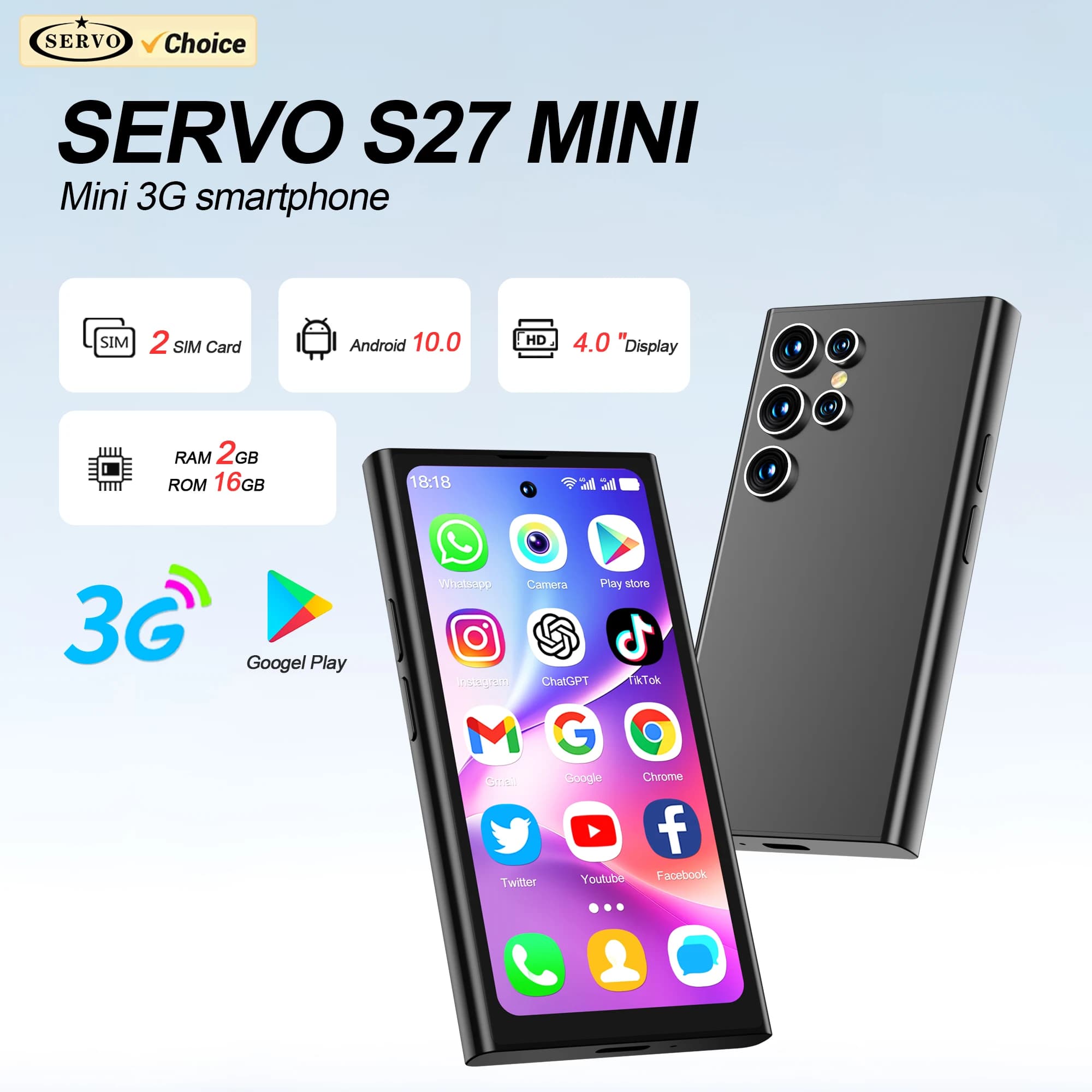 SERVO S27 Mini Android Little Smartphone 3G WCDMA 16GB ROM Play Store WiFi Face Unlock 4.0" Cute Cellular Phone Dual SIM Standby