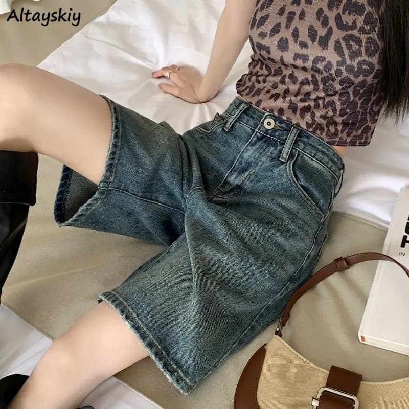 Denim Shorts Vintage High Waist Loose Fit Distressed Design Ins Style Sweet Spicy Girls All-match Casual Summer Streetwear Y2k
