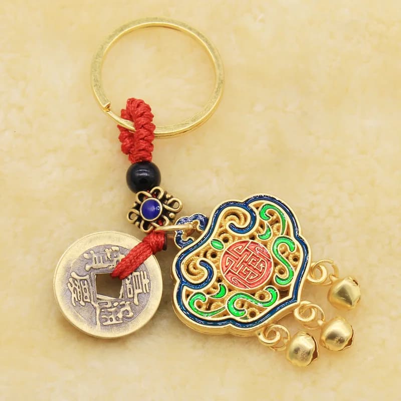 Real Bronze Qing Dynasty Five Emperors' Coins Keychain Lock Fuzhong Traditional Ornaments Live Stall Abacus Gourd Alloy Accessor