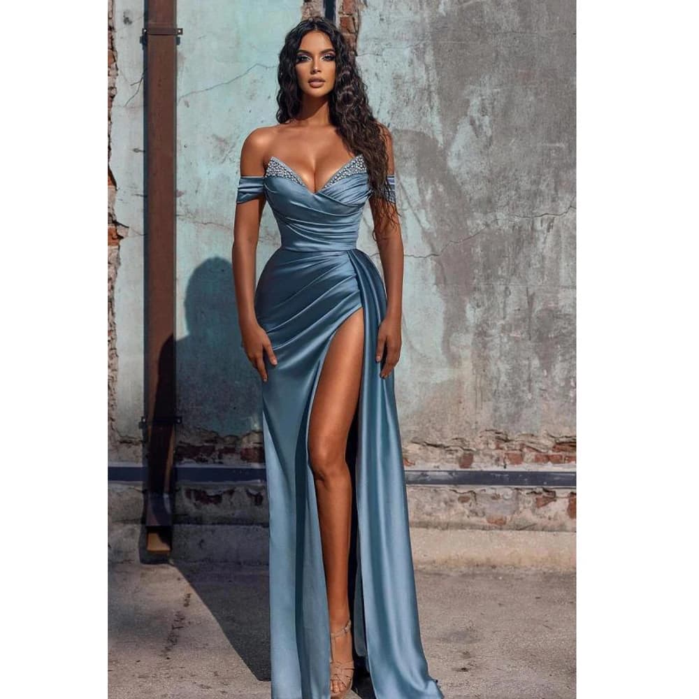 Dusty Blue Elegant Off The Shoulder Women Evening Dresses Sexy High Split Beading Ruched Bust Waist Pleat Prom Celebrity Party