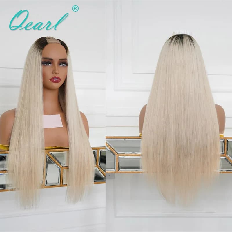 Human Hair U Part Wig Ombre Blonde with Darker Roots Glueless Women"s Wigs Straight Long Human Hair Wig 2x4 /1x3 V Part Wig Sale