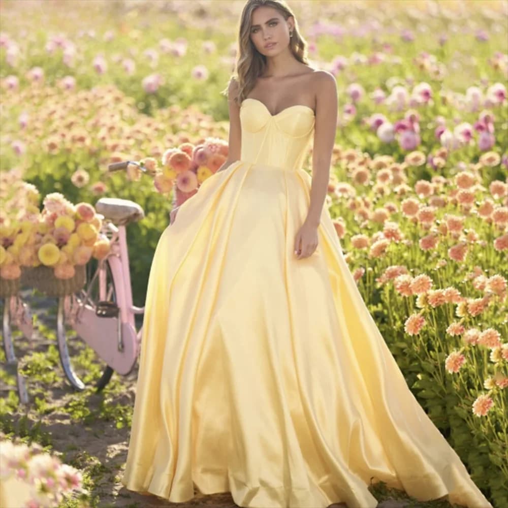 Pretty Luxury Yellow Satin Women Prom Party Dress A-Line Floor Length Sweetheart Sleeveless Simple Princess Vestidos De Fiesta