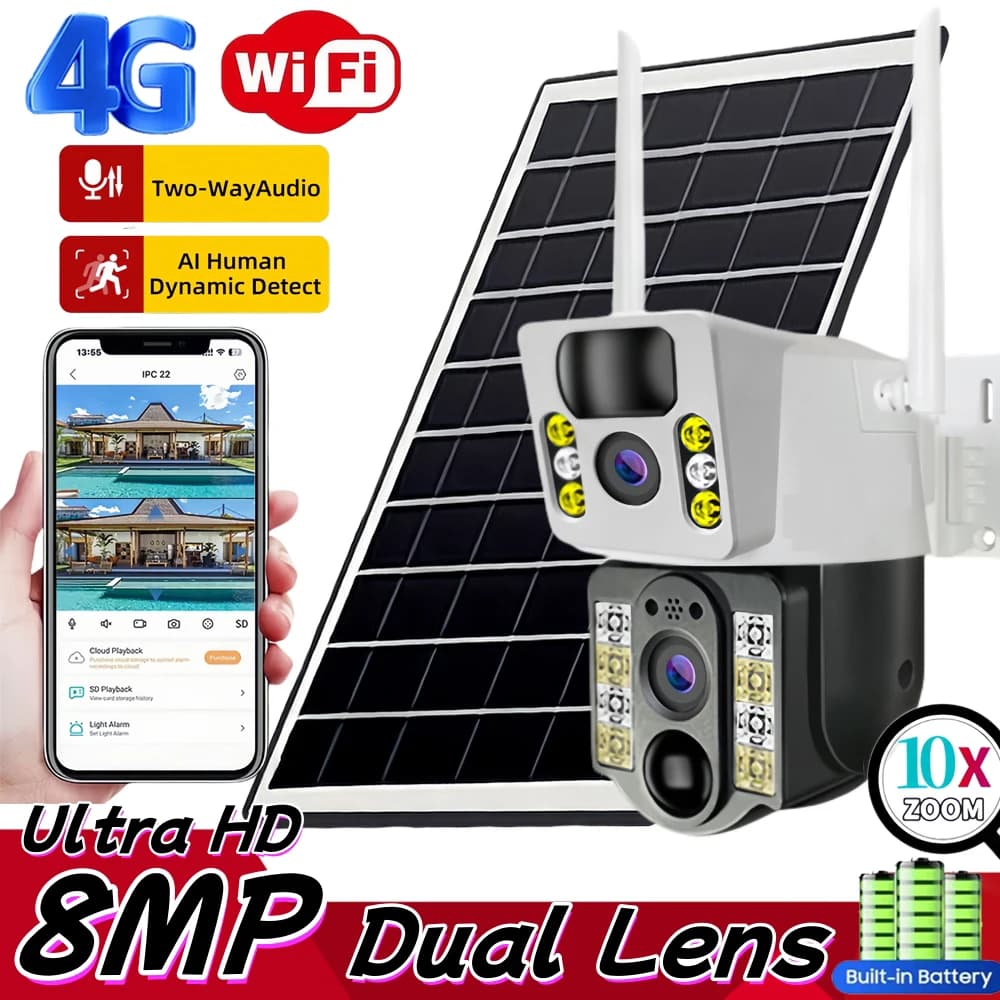 8MP HD Solar Camera WIFI Smart Home Security Protection Home 360 Monitor 4K 4G SIM Card Outdoor with Battery V380 Pro 4G Network