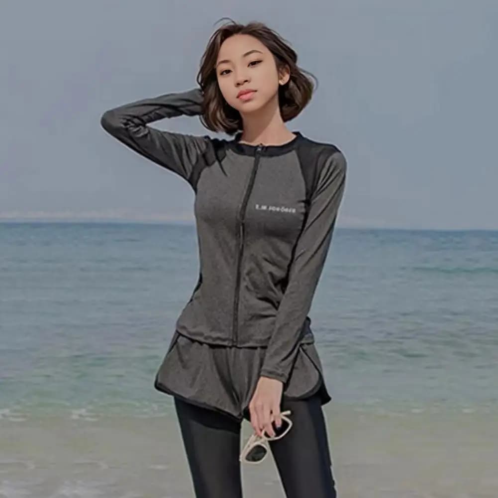 Zipper Swimsuit Top Unisex Long Sleeve Swimsuit Set with Zipper Closure Top Adjustable Waist Shorts for Surfing for Quick-drying