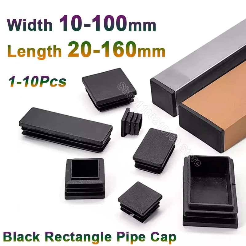 Black Plastic Rectangle Blanking End Caps Steel Pipe Plug Furniture Leg Feet Pads Square Tube Inserts Plugs Bungs Cover 10-160mm