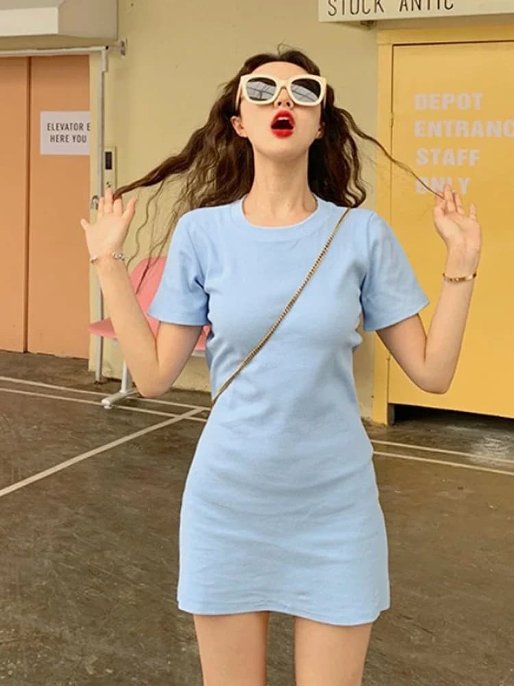 WERUERUYU 2024 Spring Summer New Women short Sleeve ALine Dress Solid cute kawaii Ladies Evening Party Slim Vestidos