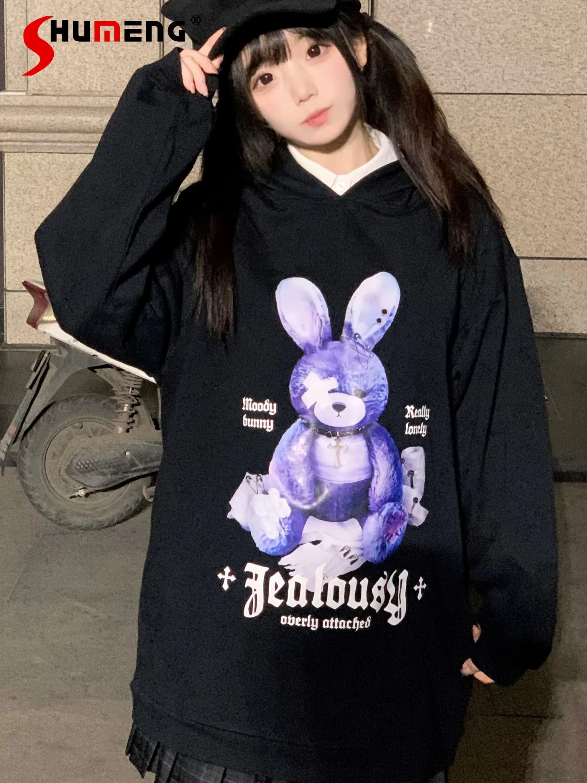 Gothic Dark Mine Long Cartoon Sweatshirts Japanese Style Harajuku Girls Cute Rabbit Ear Hooded Hoodies Punk Long-sleeved Tops
