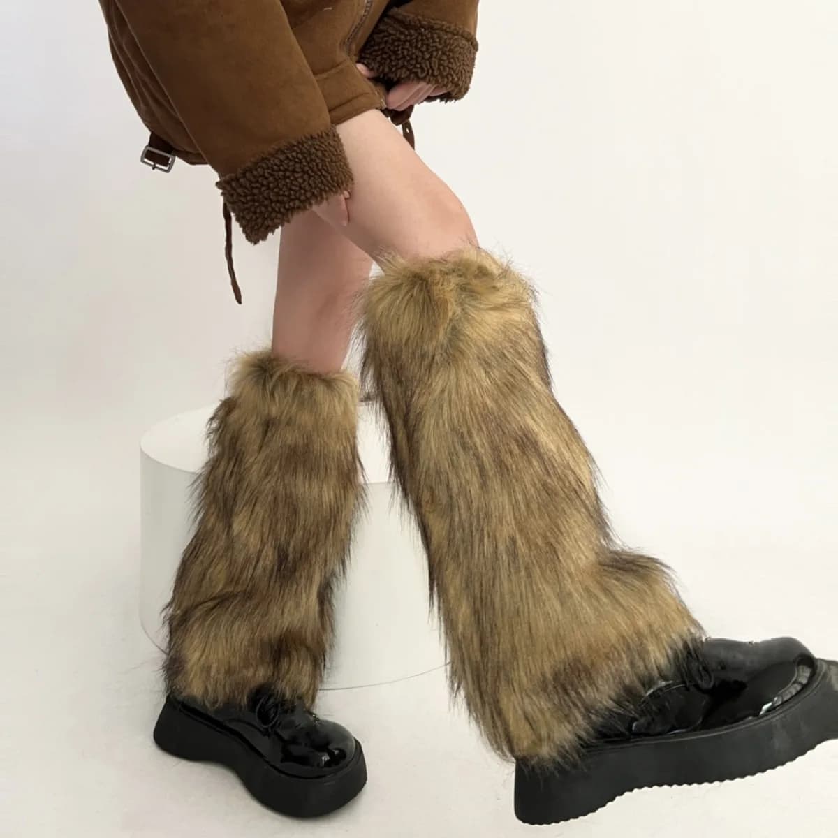 Vintage Imitation Faux Fur Leg Warmers Retro Modern Y2k Brown Winter Warm Boots Cover Socks Punk Jk Knee-length Party Sock