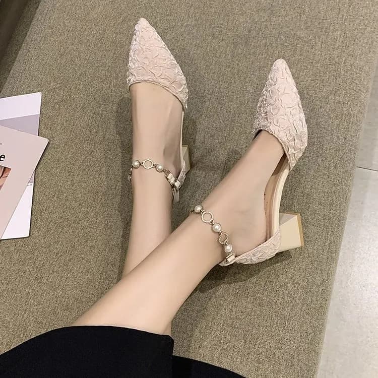 2024 Summer High Heel Sandal for Women Med Shoes Closed Toe All-Match Buckle Strap High-heeled Medium Block Pointed New Spring
