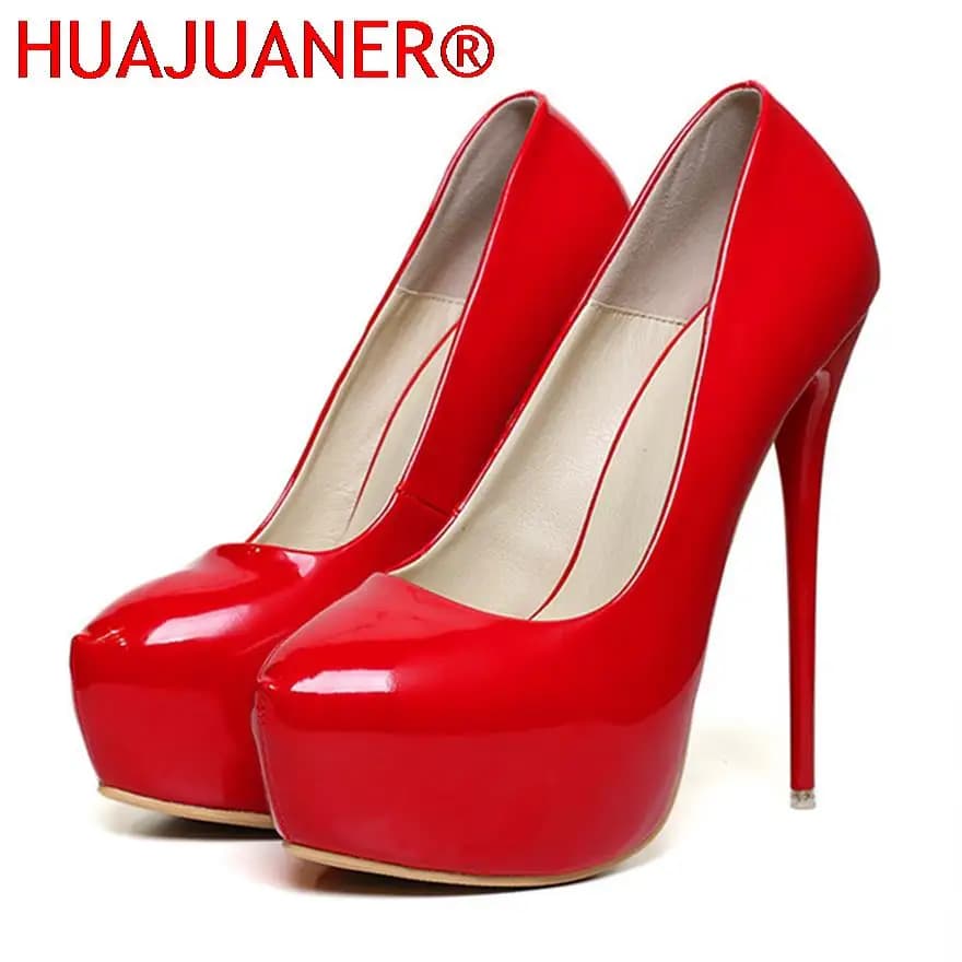 Big Size 35-47 Patent Leather Red Wedding Shoes 2025 Women Round Toe Super High Heels 16cm Pumps Sexy Platform Party Shoes Woman