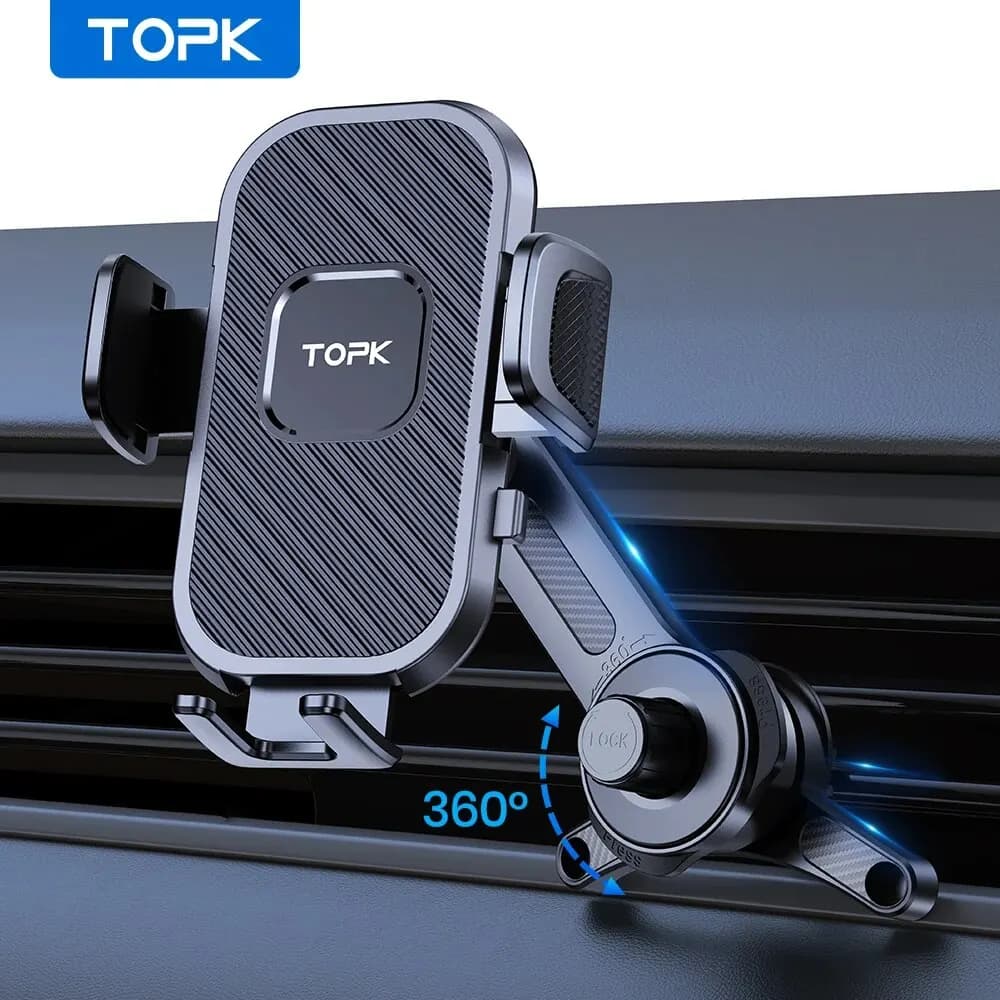 TOPK D38T Car Phone Holder Superior Stability Extended Arm 3-Point Support Extendable Metal Hook Phone Stand for Cars