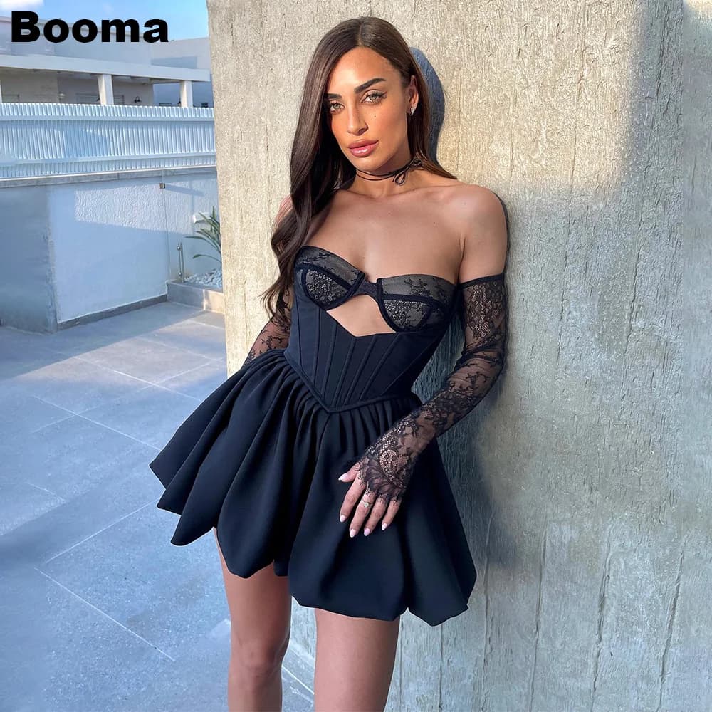 Booma Black Mini Prom Dresses Sweetheart Puffy Cocktail Dress Stain Lace Sexy A-Line Speical Occasion Gowns Club Wear Customized